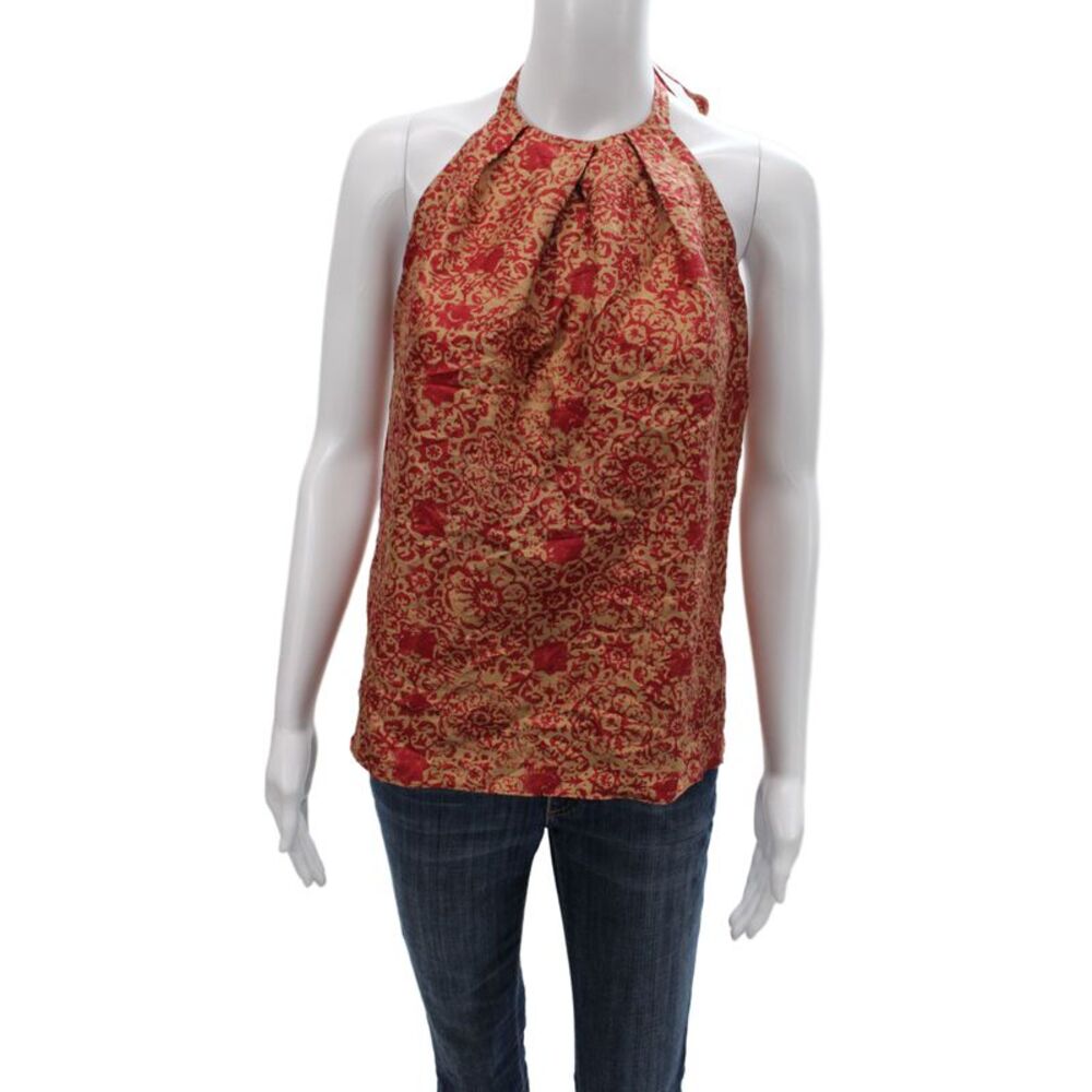 Theory Women Silk Geometric Halter Camisole Tie Boho Beige Size S